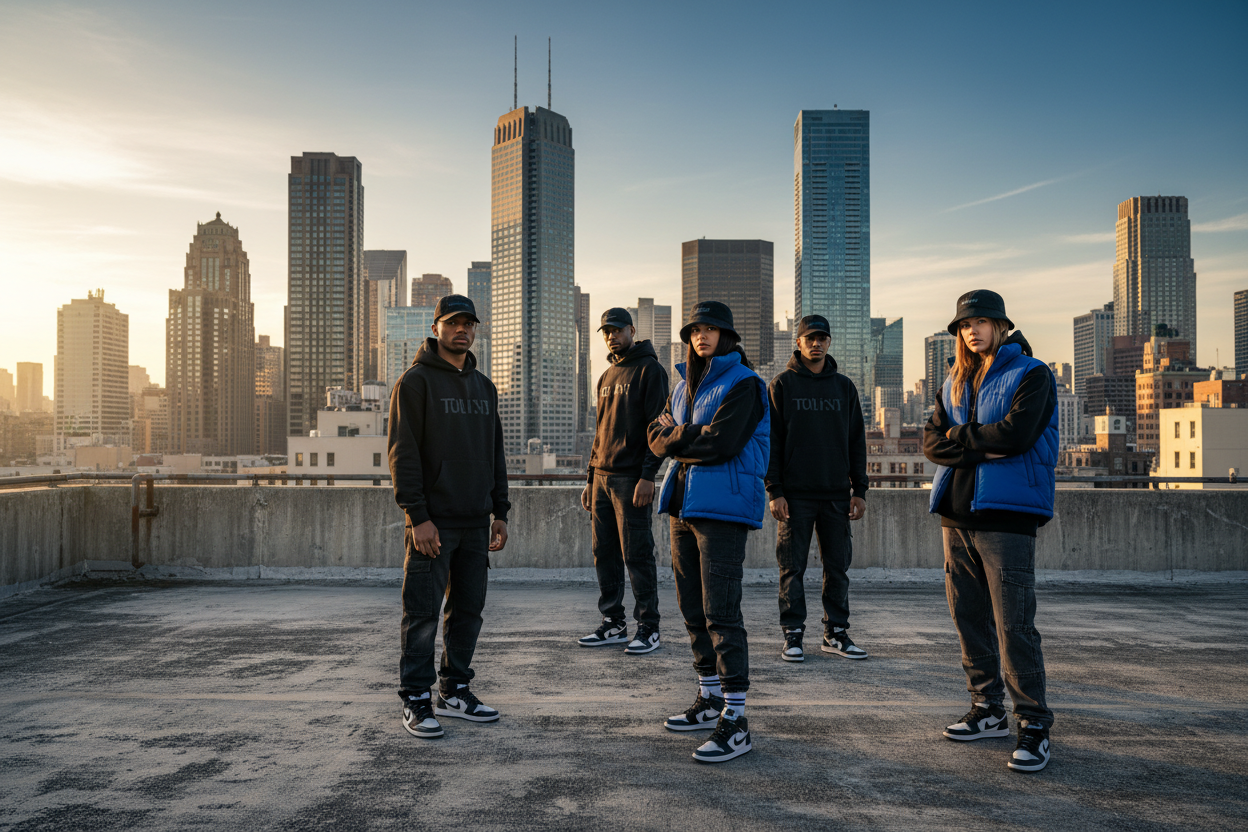 Models with hoodies and hats on rooftop with city view